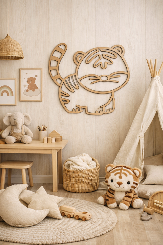 Set of colorful safari animal figurines by Kai & I Design, including a lion, elephant, zebra, and giraffe, for children's play.